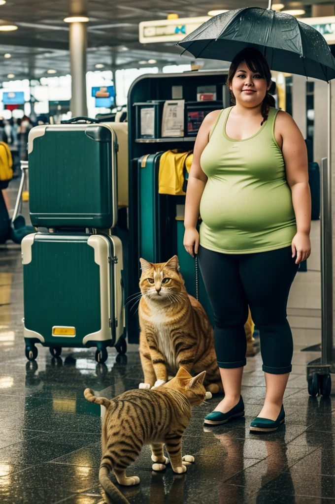 photo of a fat yellow cat wearing a green tank top standing in the rain with a plane ticket in the airport next to the cat is a suitcase of clothes 