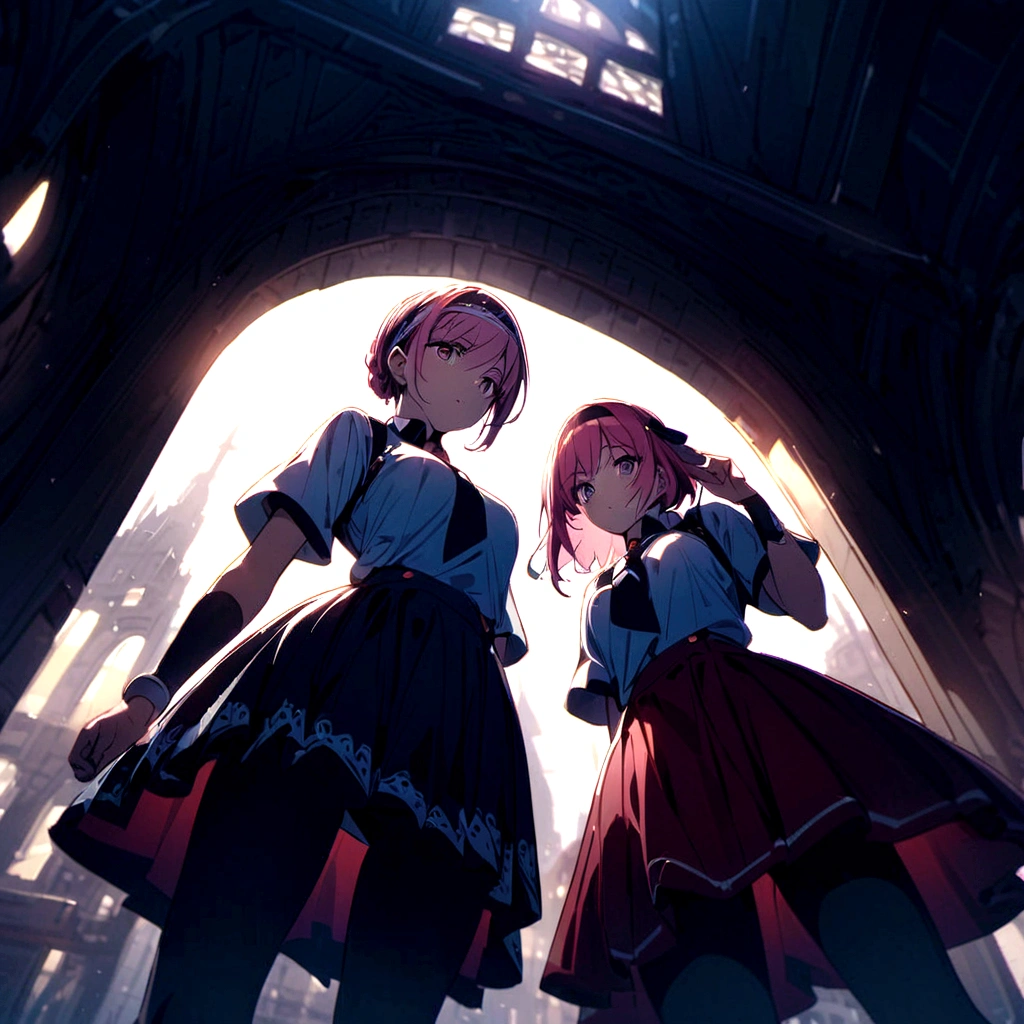 Under the skirt、Pink hair from below、Drill Twin、Headband、