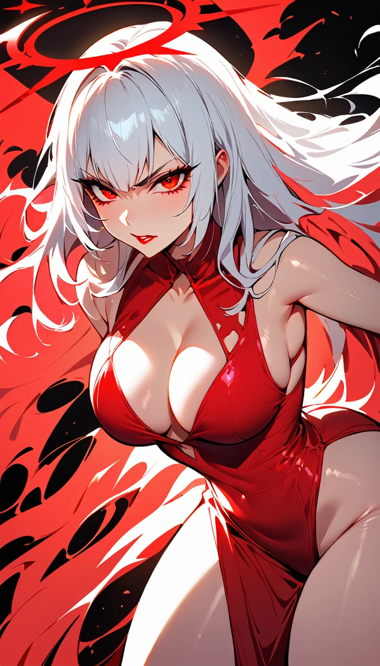 (high quality, 8k, 4K, high contrast, artwork:1.2, high quality, best aesthetics), ((1 woman)), erotic, sensual, mature body, super detailed, beautiful face detailed, detailed beautiful mouth, perfect breasts, wide thighs, sexy body, white hair, long white hair, straight white hair, red eyes, long eyelashes, serious expression, dominant, penetrating gaze, red lipstick, long dark red dress, neckline, blood wings, red halo, centered, standing erect, looking at the viewer.