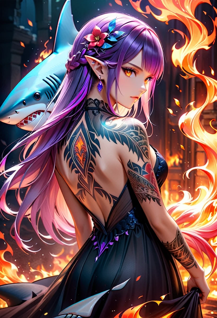  a picture of a an elf with  a ((tattoo of a shark: 1.5)) on her back, Dark fantasy art, fantasy art, goth art,, a glowing tattoo of a ((shark: 1.3)) on the back of the elf, the ((shark tattoo)) is vivid, intricate detailed coming to life from the ink to real life, GlowingRunesAI_purple, ((fire surrounds the shark: 1.5)), shoot taken from the back, ((the back is visible: 1.3), she wears a transparent black dress, the dress is elegant, flowing, elven style, that the tattoos glow, dynamic hair color, dynamic hair style, faize,, Digital Painting, Intense gaze