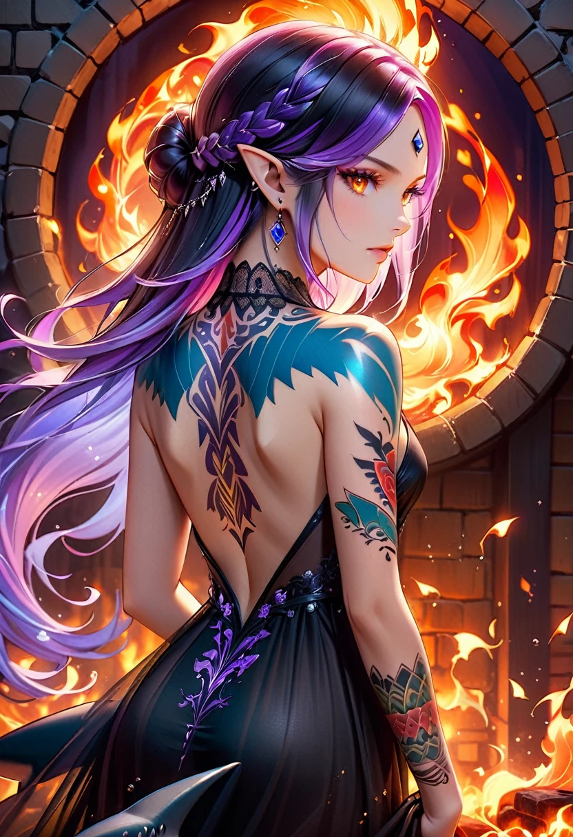  a picture of a ((tattoo of a shark: 1.5)) on the back of a female elf with, Dark fantasy art, fantasy art, goth art,, a glowing tattoo of a ((shark: 1.5)) on the back of the elf, the ((shark tattoo)) is vivid, intricate detailed coming to life from the ink to real life, GlowingRunesAI_purple, ((fire surrounds the shark: 1.5)), shoot taken from the back, ((the back is visible: 1.3), she wears a transparent black dress, the dress is elegant, flowing, elven style, that the tattoos glow, dynamic hair color, dynamic hair style, faize,, Digital Painting, Intense gaze