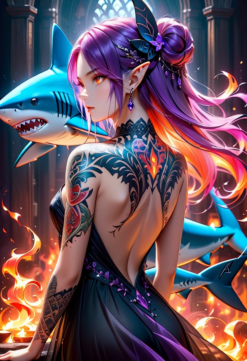  a picture of a an elf with  a ((tattoo of a shark: 1.5)) on her back, Dark fantasy art, fantasy art, goth art,, a glowing tattoo of a ((shark: 1.3)) on the back of the elf, the ((shark tattoo)) is vivid, intricate detailed coming to life from the ink to real life, GlowingRunesAI_purple, ((fire surrounds the shark: 1.5)), shoot taken from the back, ((the back is visible: 1.3), she wears a transparent black dress, the dress is elegant, flowing, elven style, that the tattoos glow, dynamic hair color, dynamic hair style, faize,, Digital Painting, Intense gaze