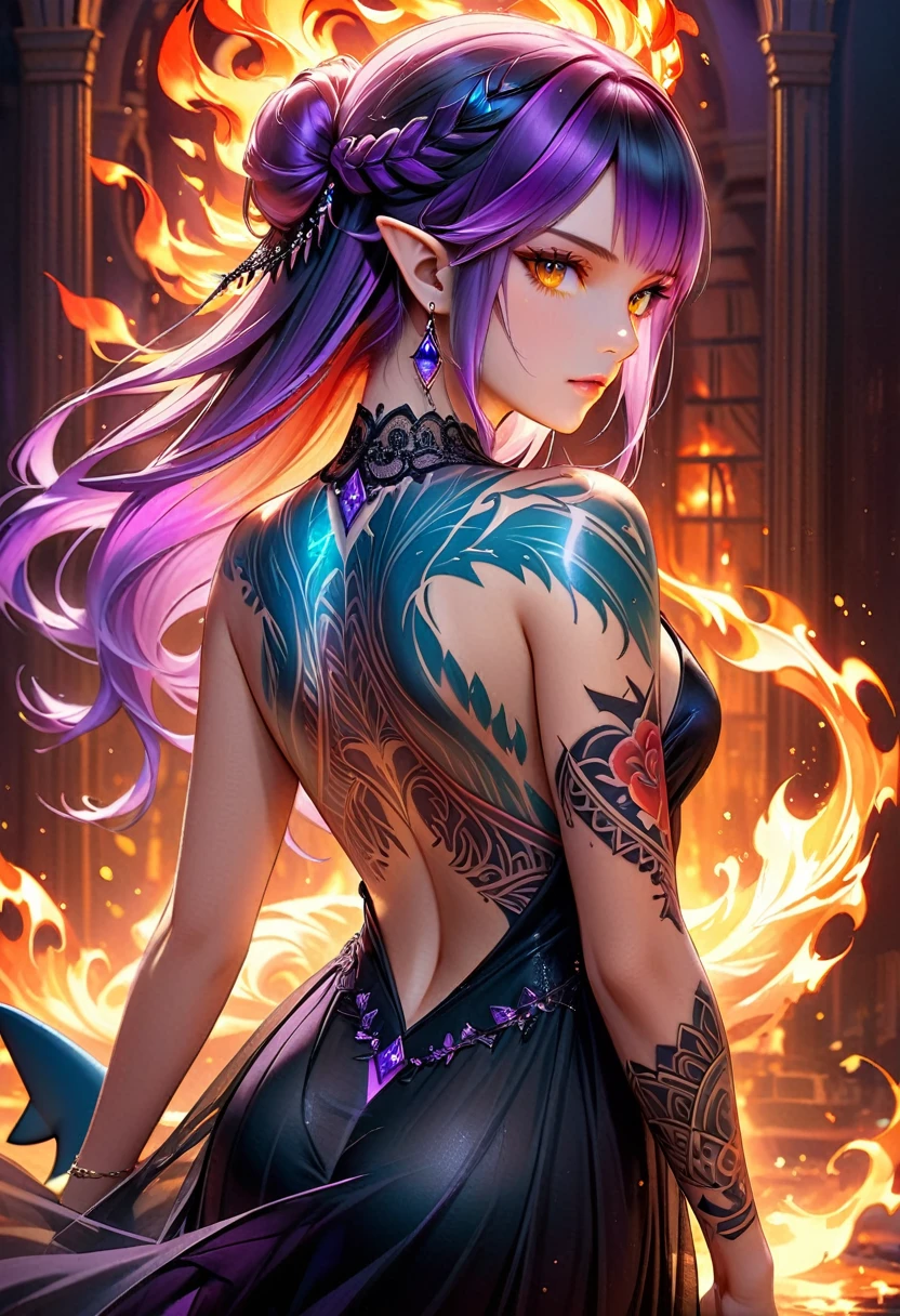  a picture of a ((tattoo of a shark: 1.5)) on the back of a female elf with, Dark fantasy art, fantasy art, goth art,, a glowing tattoo of a ((shark: 1.5)) on the back of the elf, the ((shark tattoo)) is vivid, intricate detailed coming to life from the ink to real life, GlowingRunesAI_purple, ((fire surrounds the shark: 1.5)), shoot taken from the back, ((the back is visible: 1.3), she wears a transparent black dress, the dress is elegant, flowing, elven style, that the tattoos glow, dynamic hair color, dynamic hair style, faize,, Digital Painting, Intense gaze