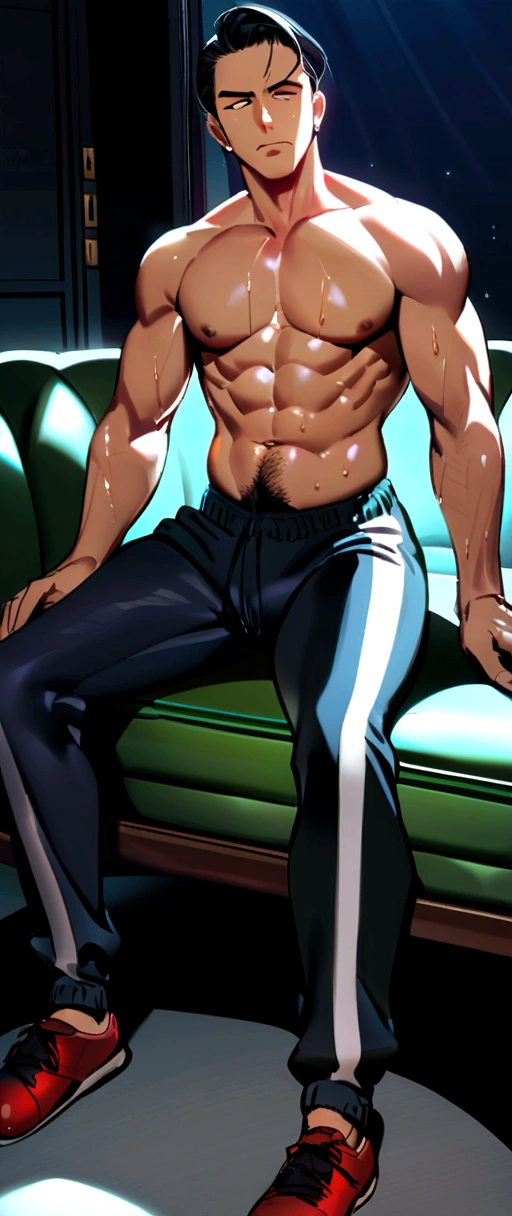 man similar to henrry cavil with jogging pants and bare chest, sitting on a couch in the dark, very sexy and sweaty, if there is a little on the pubic hair