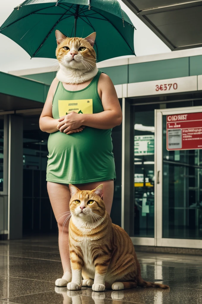 photo of a fat yellow cat wearing a green tank top standing in the rain with a plane ticket in the airport next to the cat is a suitcase of clothes 