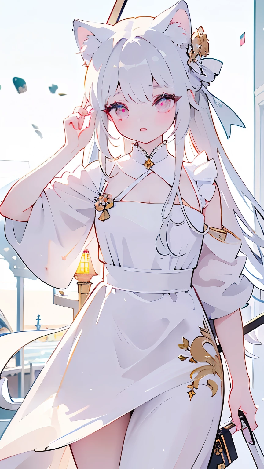 Tsundere 18 year old girl, beautiful and delicate eyes, beautiful lips, Highly detailed eyes and face, long eyelashes, 1girl, white cat ears,foot long bag, Front view, red eyes, (best quality, 4K, 8K, high resolution, masterpiece:1.2), Ultra-detailed, (realistic, realistic, realistic, realistic: 1.37), big bust, Scythe, elegant, fantasy, soft lighting, white background,holding a weapon, maid uniform, Showing armpits,