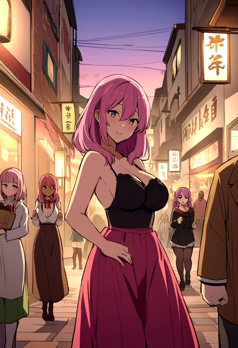 In town、Prostitute、Brothel、Beckon、evening、Pink haired woman、barker活発な、merchant、pedestrian traffic、barker