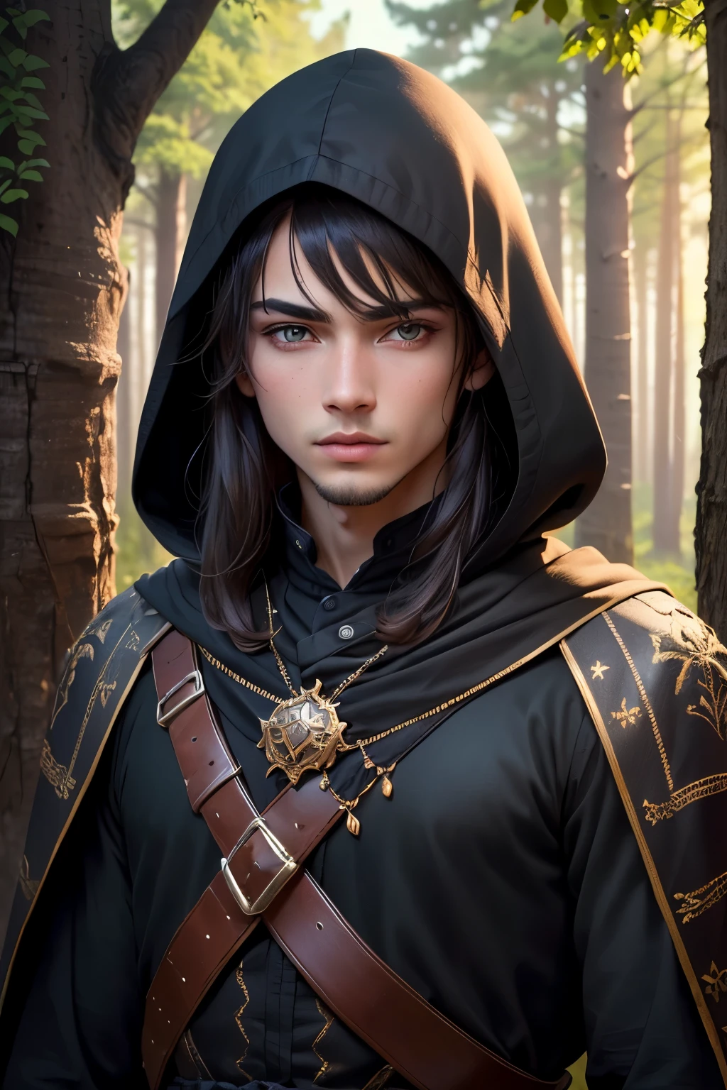 ((best quality)), ((masterpiece)), (detailed), Prize-winning works, with incredible details, maximum textures and details, mantea ,1 A man warrior adventurer dark black black clothes, mantea negro, Black Hood, long black hair ,fully body (10 year old man:1.1,detailedeyes, face detailed, whole body:1.1,the background is a forest ),(best qualityer:1.2,ultra detali:1.1,realisitic:1.37),stone medieval ancient city ,eyeshadows,hidden identity,sharp focus,swirly vibrant colors,), (twilight), 8K