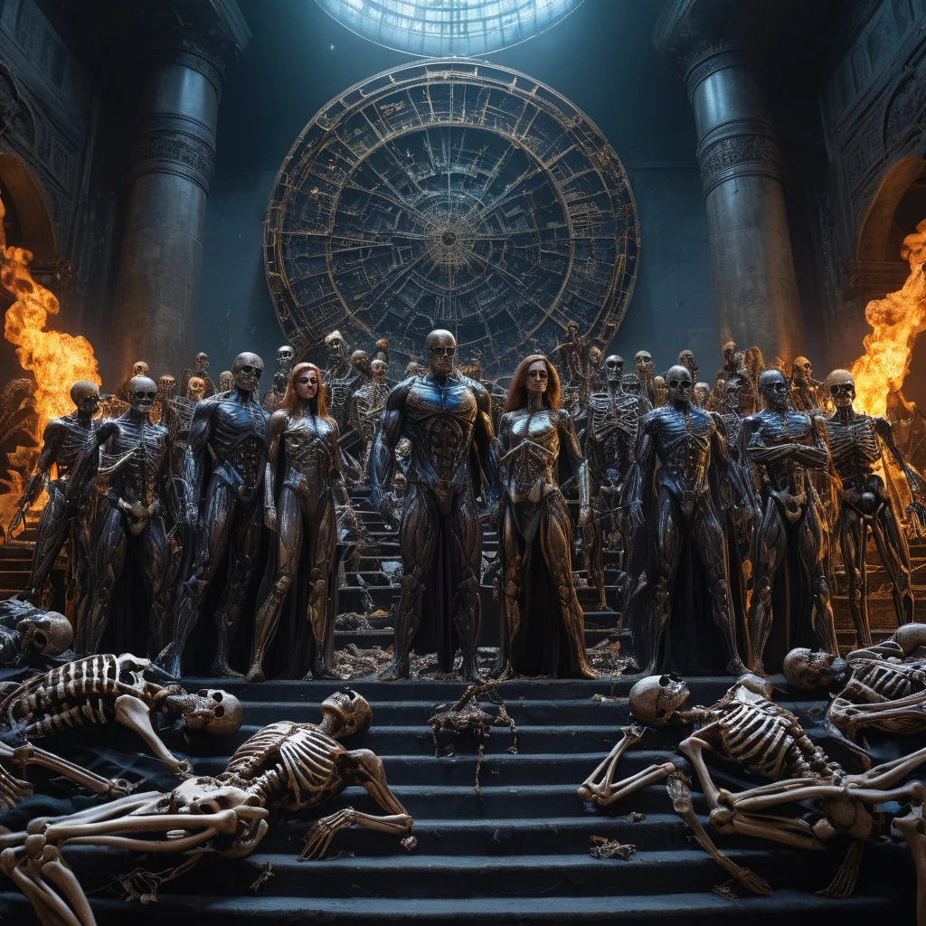 8k, UHD, HDR, intricate details, Photo, a man talk to each other over a pile of corpses,The image depicts a group of superheroines with various powers and abilities, standing together in front of a fiery background, Appendix architecture made of skeletons., Fancy, intricate, elegant, Very detailed, centered, symmetry, chart, intricate, volumetric lighting, beautiful, masterpiece of rich deep colors, sharp focus, ultra detailed, In the style of Dan Mumford and Marc Simonetti, astroPhotografía 