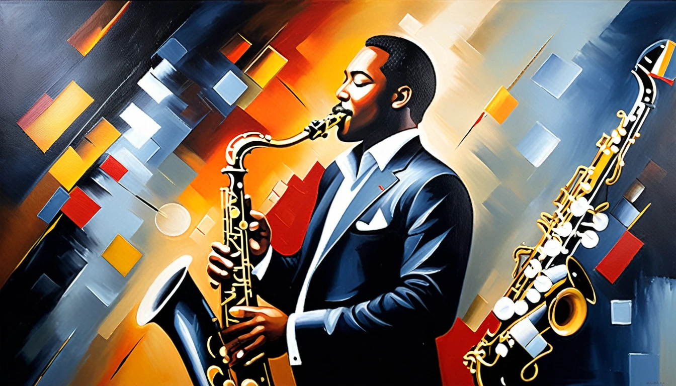 masterpiece, Highest quality, Oil painting, jazz, Tenor saxophone