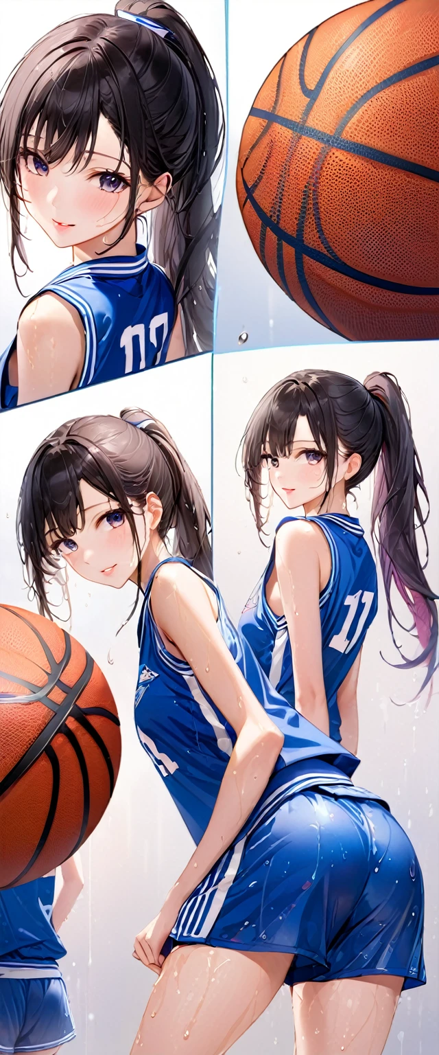 (masterpiece,highest quality,超A high resolution),japanese woman, (((Very beautiful 25 year old girl))), pretty girl、look at the photographer､  ((beautiful low ponytail)), super cute face, glossy lips, double eyelids in both eyes,natural smile、 natural makeup, long eyelashes, Shiny and smooth hair､center image,  perfect limbs, perfect anatomy,(((basketball uniform Aura)))、(((turn around and look back)),wet with sweat,