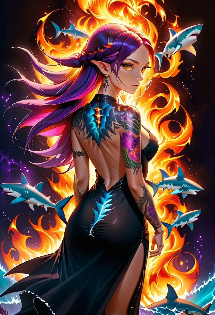 a picture of a ((tattoo of a shark: 1.5)) on the back of a female elf with, Dark fantasy art, fantasy art, goth art,, a glowing tattoo of a ((shark: 1.5)) on the back of the elf, the ((shark tattoo)) is vivid, intricate detailed coming to life from the ink to real life, GlowingRunesAI_purple, ((fire surrounds the shark: 1.5)), shoot taken from the back, ((the back is visible: 1.3), she wears a transparent black dress, the dress is elegant, flowing, elven style, that the tattoos glow, dynamic hair color, dynamic hair style, faize,, Digital Painting, Intense gaze