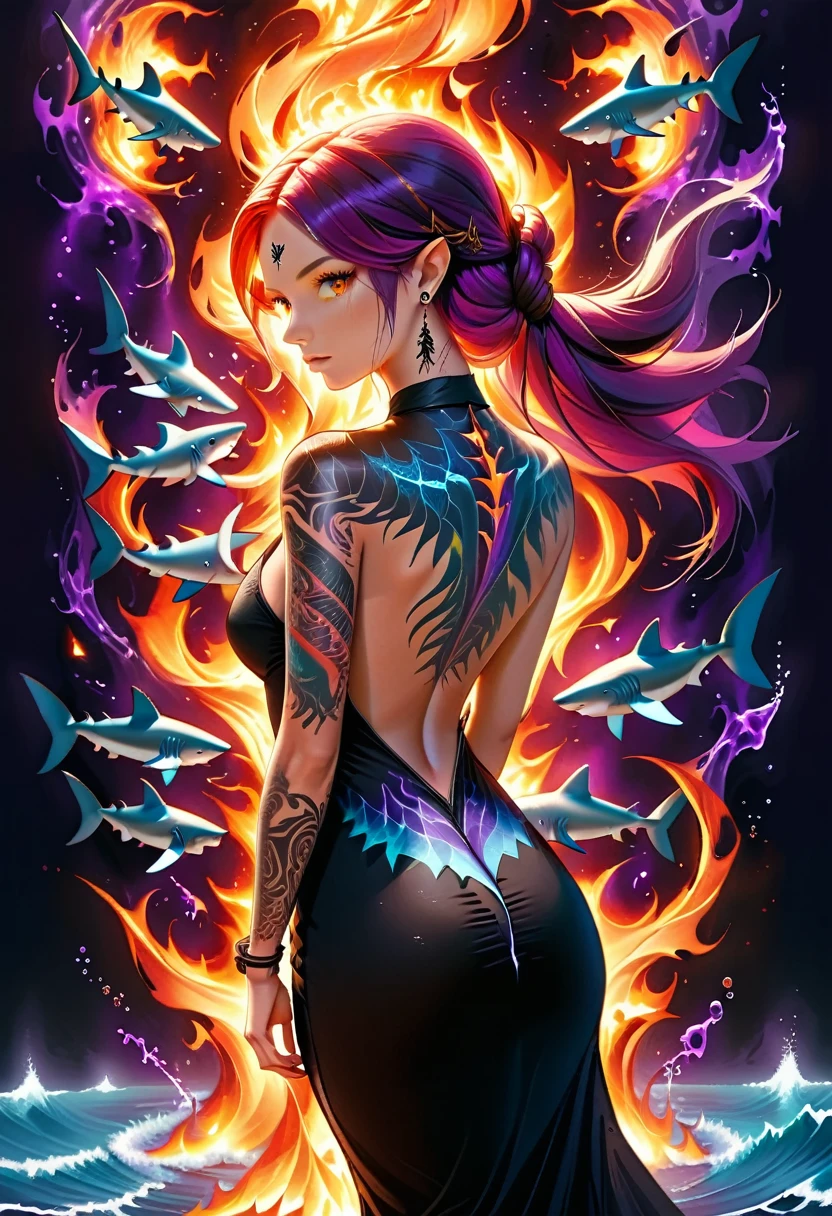  a picture of a ((tattoo of a shark: 1.5)) on the back of a female elf with, Dark fantasy art, fantasy art, goth art,, a glowing tattoo of a ((shark: 1.5))  on the back of the elf, the ((shark tattoo)) is vivid, intricate detailed coming to life from the ink to real life, GlowingRunesAI_purple, ((fire surrounds the shark: 1.5)), shoot taken from the back, ((the back is visible: 1.3), she wears a transparent black dress, the dress is elegant, flowing, elven style, that the tattoos glow, dynamic hair color, dynamic hair style, faize,, Digital Painting, Intense gaze