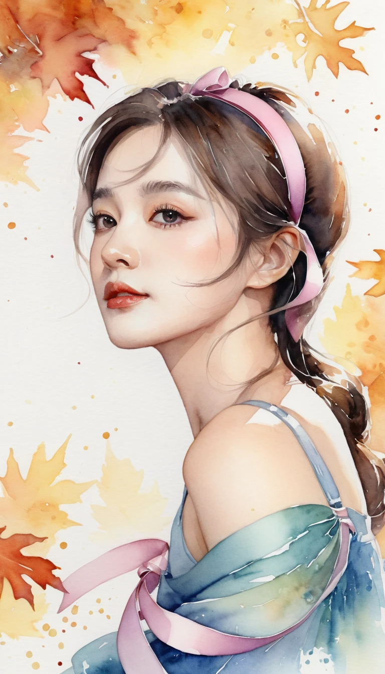 (8K, Highest quality, masterpiece:1.2),(Highest quality:1.0), (Ultra-high resolution:1.0), watercolor, Beautiful, shoulder, Hair Ribbon, Agnes Cecil, Half Body Portrait, Very bright and luminous design, pastel colour, (ink:1.3), Autumn Light,