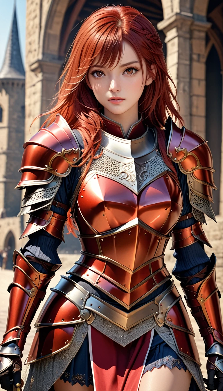 {{{photorealistic, masterpiece, best quality, ultra-detailed, high resolution, detailed eyes}}}, beautiful girl, {knight}, red hair, side blaid, slim, full armor, red armor, armored skirt, full body, cleavege