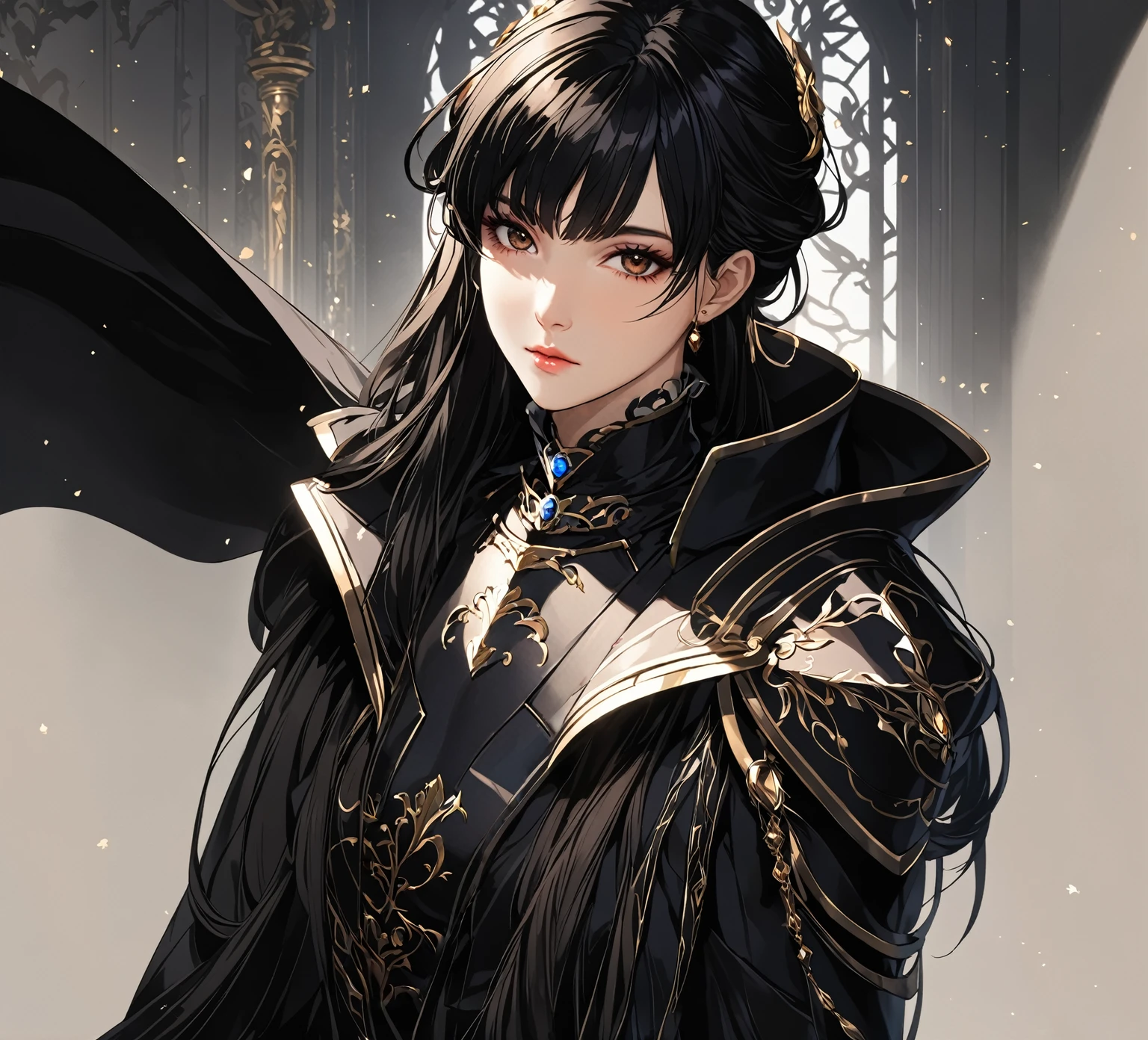 masterpiece, best quality, 1woman. adult, female focus, solo, black hair, vibrant dark brown eyes, long hair, looking at viewer, closed mouth, bangs, Fantasy aesthetics, Highly detailed, shadowverse style, Black ArmoredDress, Cleavage