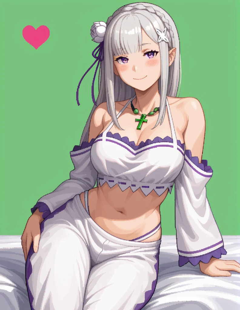 score_9, score_8_up, score_7_up, rating_safe, 1girl, solo, Pixel_Art, Re:Zero, Emilia, purple eyes, white hair, long hair, side bangs, revealing clothing, big breasts, breasts visible, hot sexy outfit, collarbone, backless, cross halter, necklace, loose sleeves, bracelet, bare shoulders, navel, hip vent, harem pants, cowboy shot, v, raise hand, look at viewer, simple background, light green background, heart background, blush, naughty face, smile, half eyes closed, naked, ecchi, turns back, big ass, hentai, porn, very hot, shows us her butt, arches her back, twerk, arched, visible butt, sit on bed, back visible