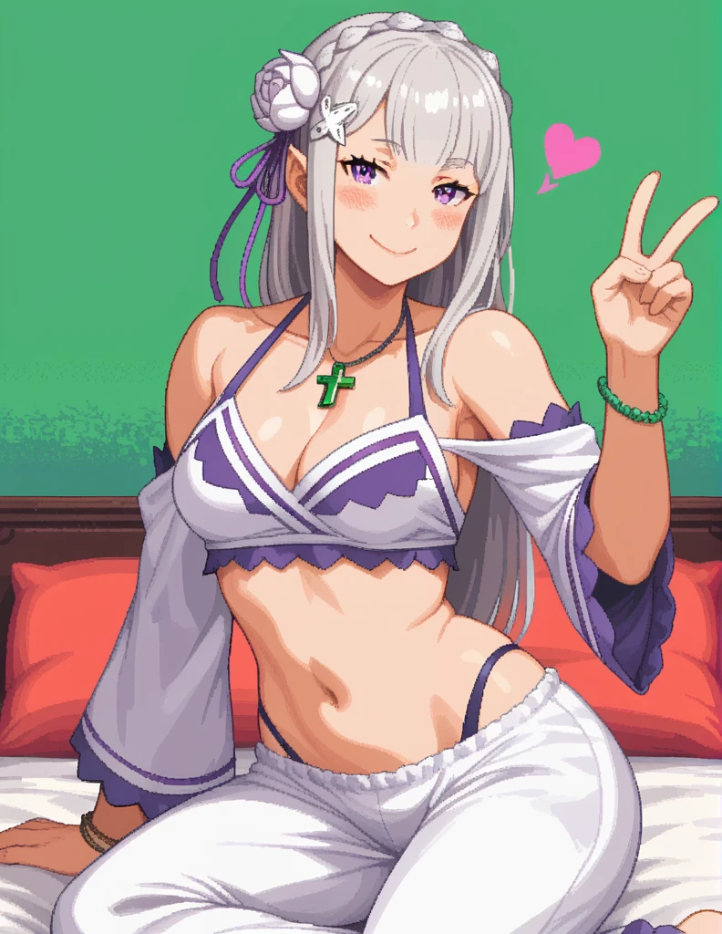 score_9, score_8_up, score_7_up, rating_safe, 1girl, solo, Pixel_Art, Re:Zero, Emilia, purple eyes, white hair, long hair, side bangs, revealing clothing, big breasts, breasts visible, hot sexy outfit, collarbone, backless, cross halter, necklace, loose sleeves, bracelet, bare shoulders, navel, hip vent, harem pants, cowboy shot, v, raise hand, look at viewer, simple background, light green background, heart background, blush, naughty face, smile, half eyes closed, naked, ecchi, turns back, big ass, hentai, porn, very hot, shows us her butt, arches her back, twerk, arched, visible butt, sit on bed, back visible