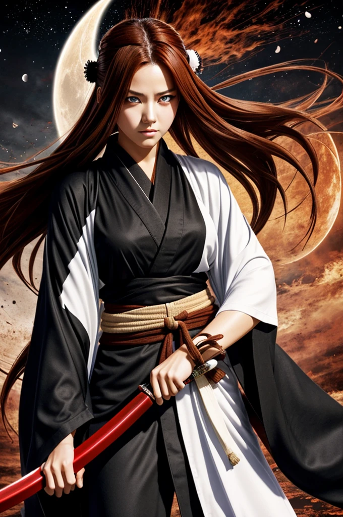 Create a bleach style girl with red eyes,brown hair with the soul reaper uniform ,a kimono with moons and a katana 