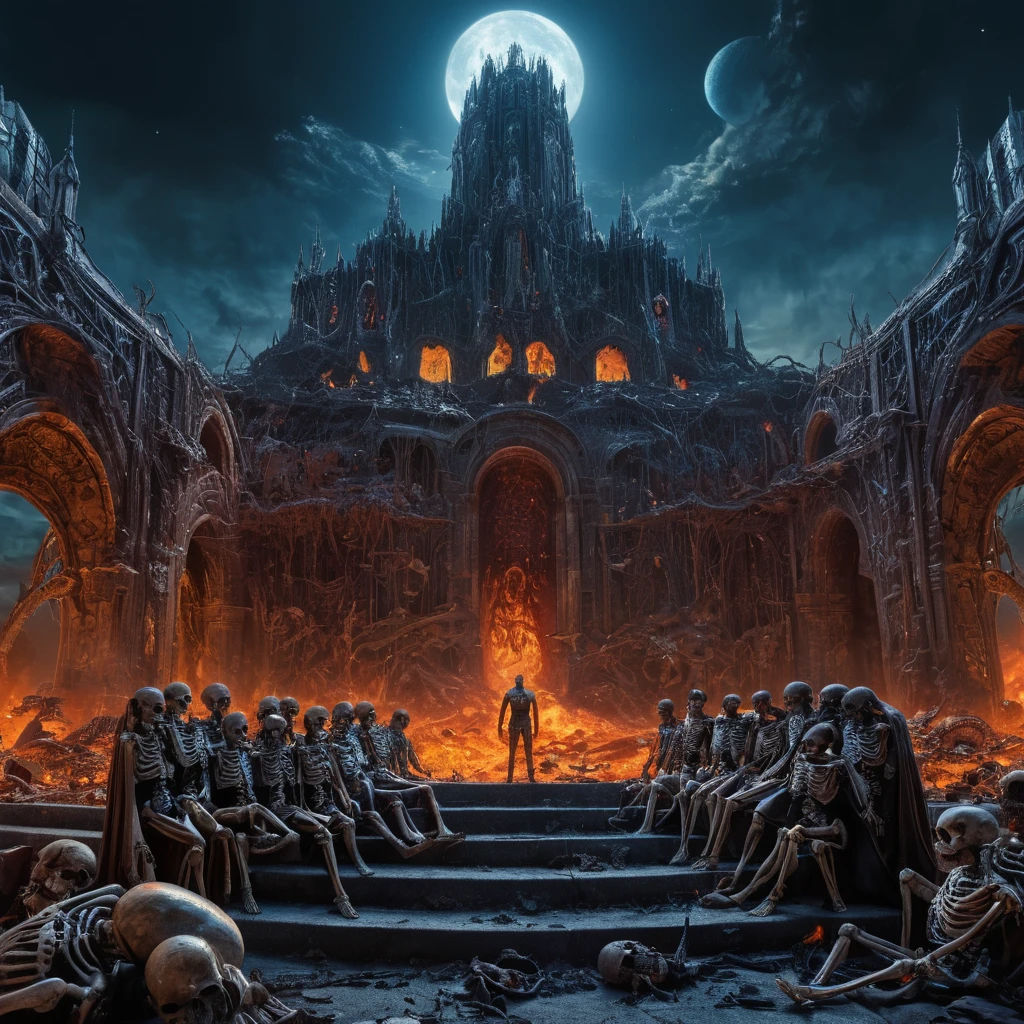 8k, UHD, HDR, intricate details, Photo, a man talk to each other over a pile of corpses,The image depicts a group of superheroines with various powers and abilities, standing together in front of a fiery background, Appendix architecture made of skeletons., Fancy, intricate, elegant, Very detailed, centered, symmetry, chart, intricate, volumetric lighting, beautiful, masterpiece of rich deep colors, sharp focus, ultra detailed, In the style of Dan Mumford and Marc Simonetti, astroPhotografía