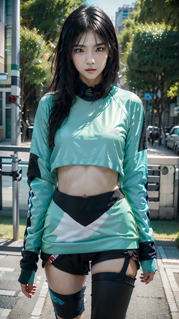 "Create an image of a 22-year-old Japanese female gamer with light blue eyes and black hair with vibrant green streaks. She has a light tan complexion and stands at 1.65 meters tall. Her style is a mix of streetwear and futuristic elements, often accessorized with tech gadgets. She exudes a charismatic and energetic personality. The background should reflect a high-tech, gaming environment."