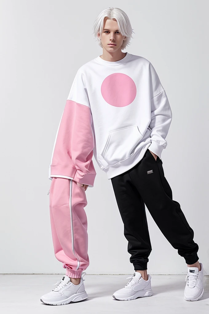 White hair,white skin like a white sheet of paper, pink sweatshirt, black flared pants, black shoes, feminine, Mr trance drawing design style