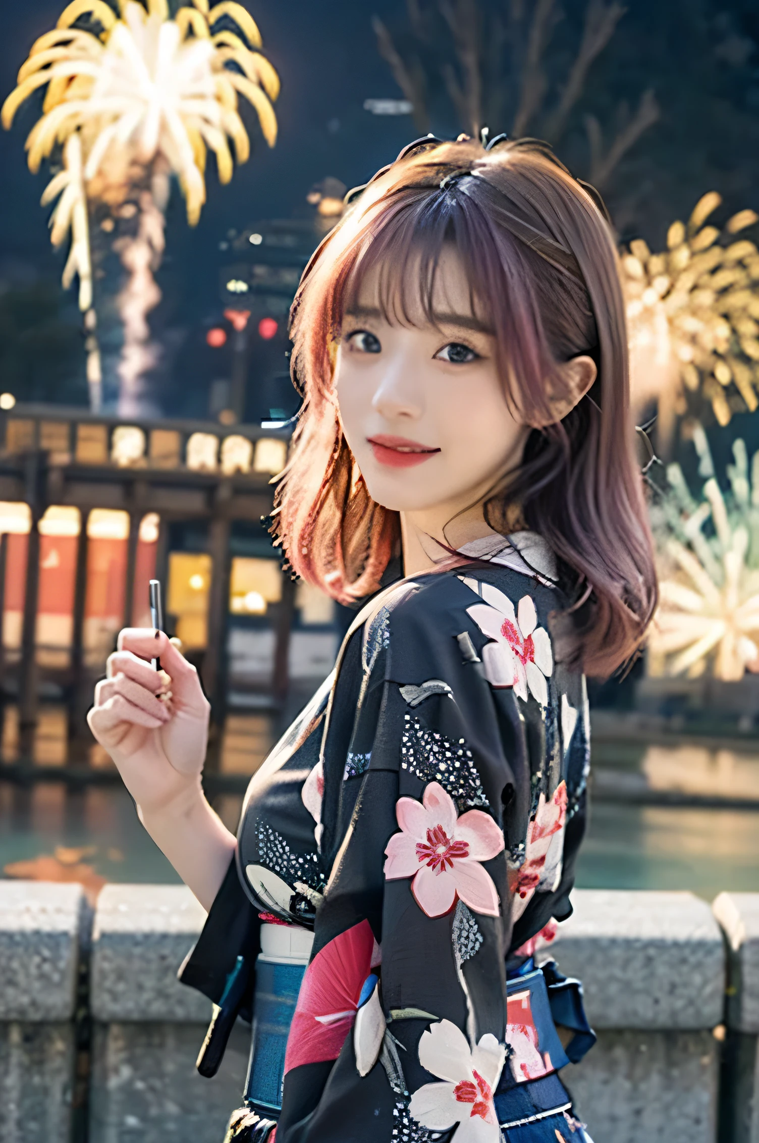 ((Highest quality)), ((masterpiece)), (detailed), One girl, sexy,Pink hair,Blue Eyes,cute,Fireworks in the background,Clothing: Yukata,Situation Festival,live-action
