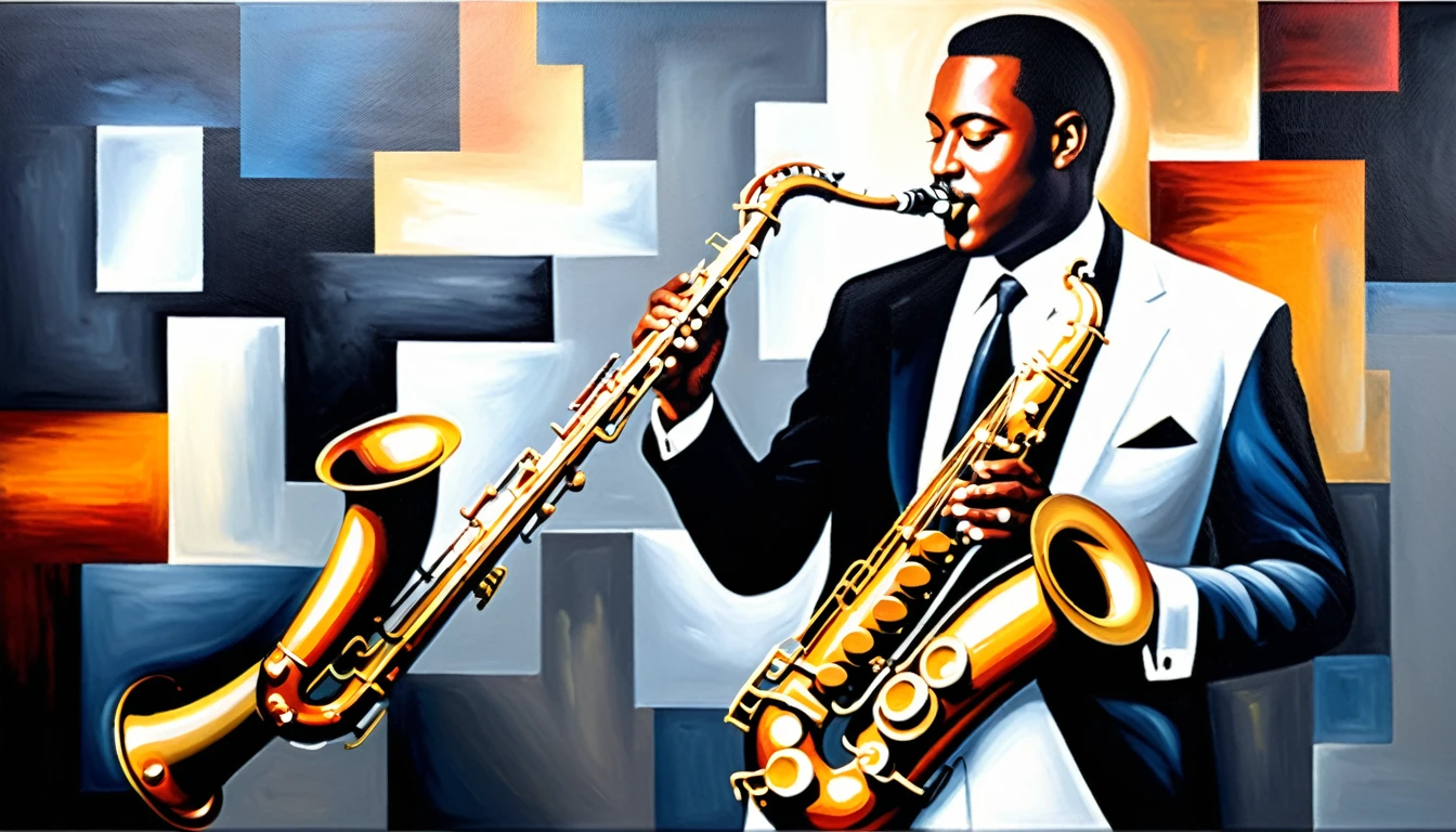 masterpiece, Highest quality, Oil painting, jazz, Tenor saxophone