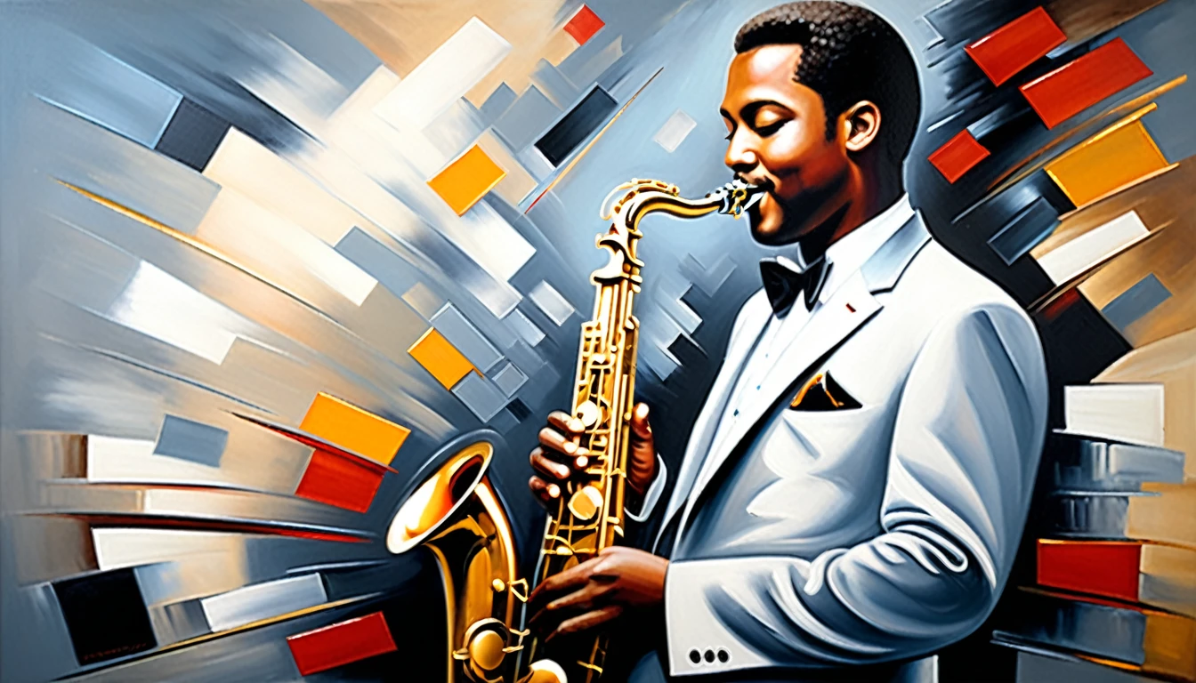 masterpiece, Highest quality, Oil painting, jazz, Tenor saxophone