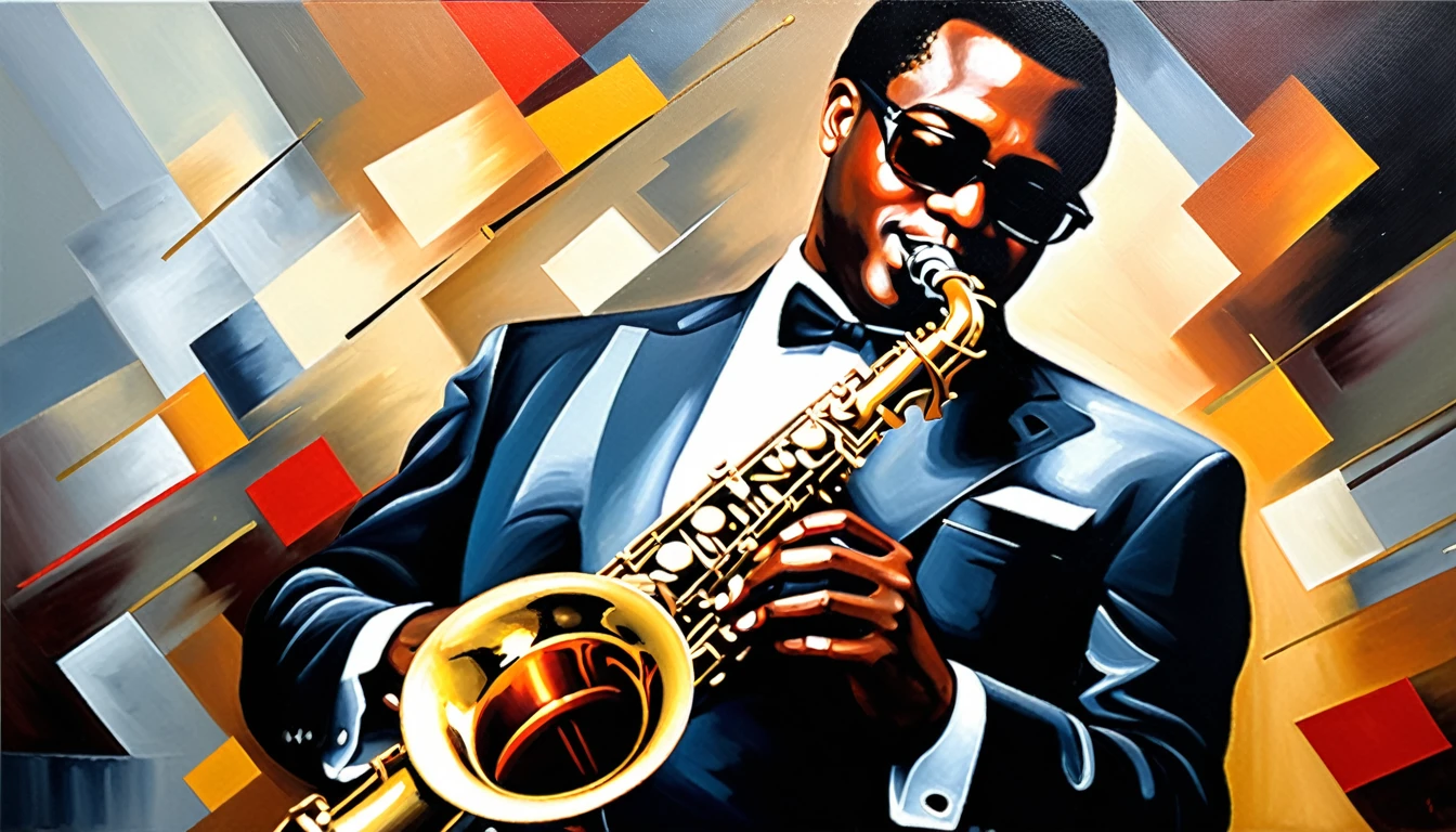 masterpiece, Highest quality, Oil painting, jazz, Tenor saxophone