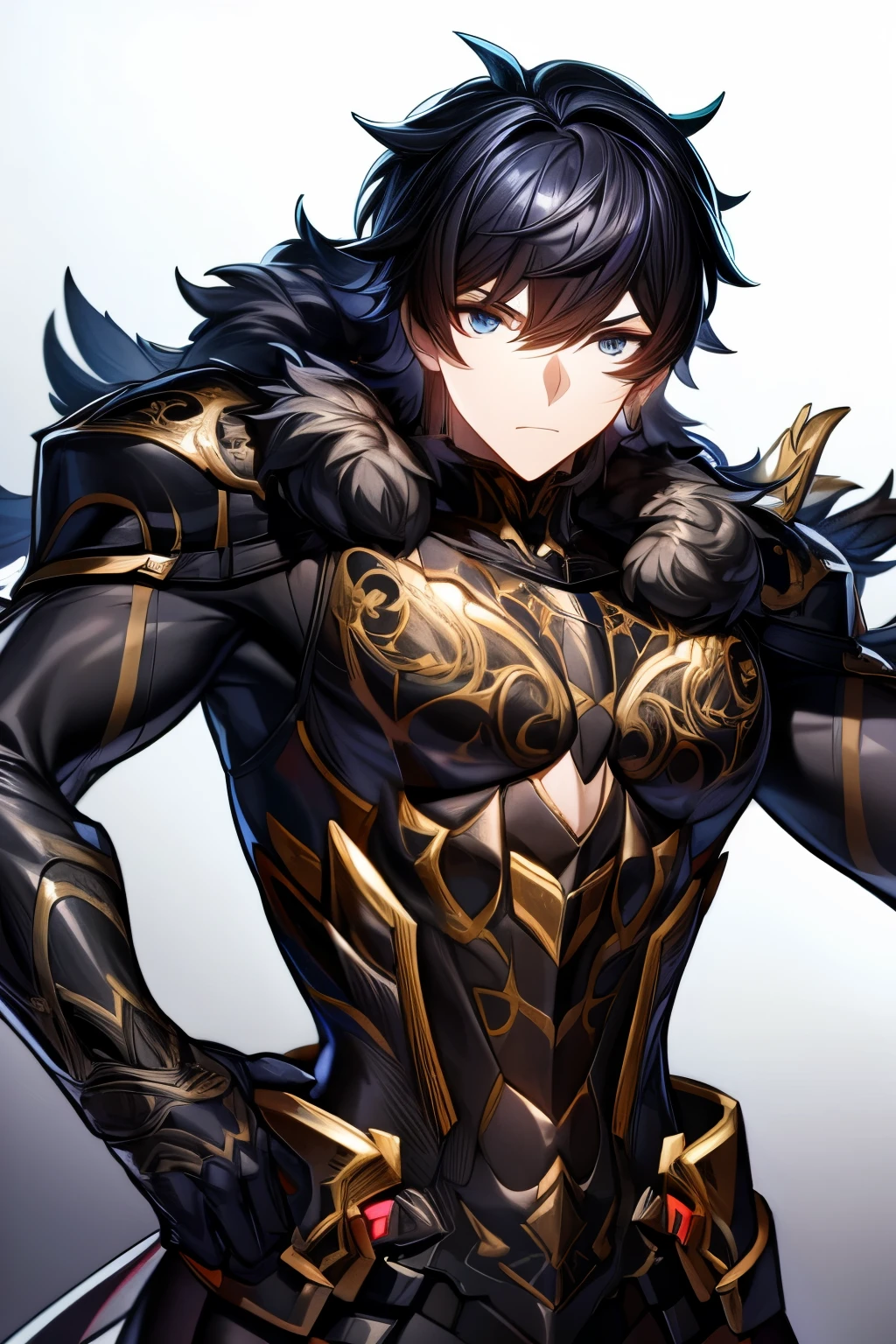 (work of art, best qualityer, face perfect, expressive eyes), Black Knight Armor, black leather cover, details Intricate, black breastplate, a male anime,single character, short black hair with white highlights, barba, visual novel sprite, detailed black armor, high qualiy, cinematic, dramatic pose, details Intricate, swirly vibrant colors, work of art, impacto genshin. 