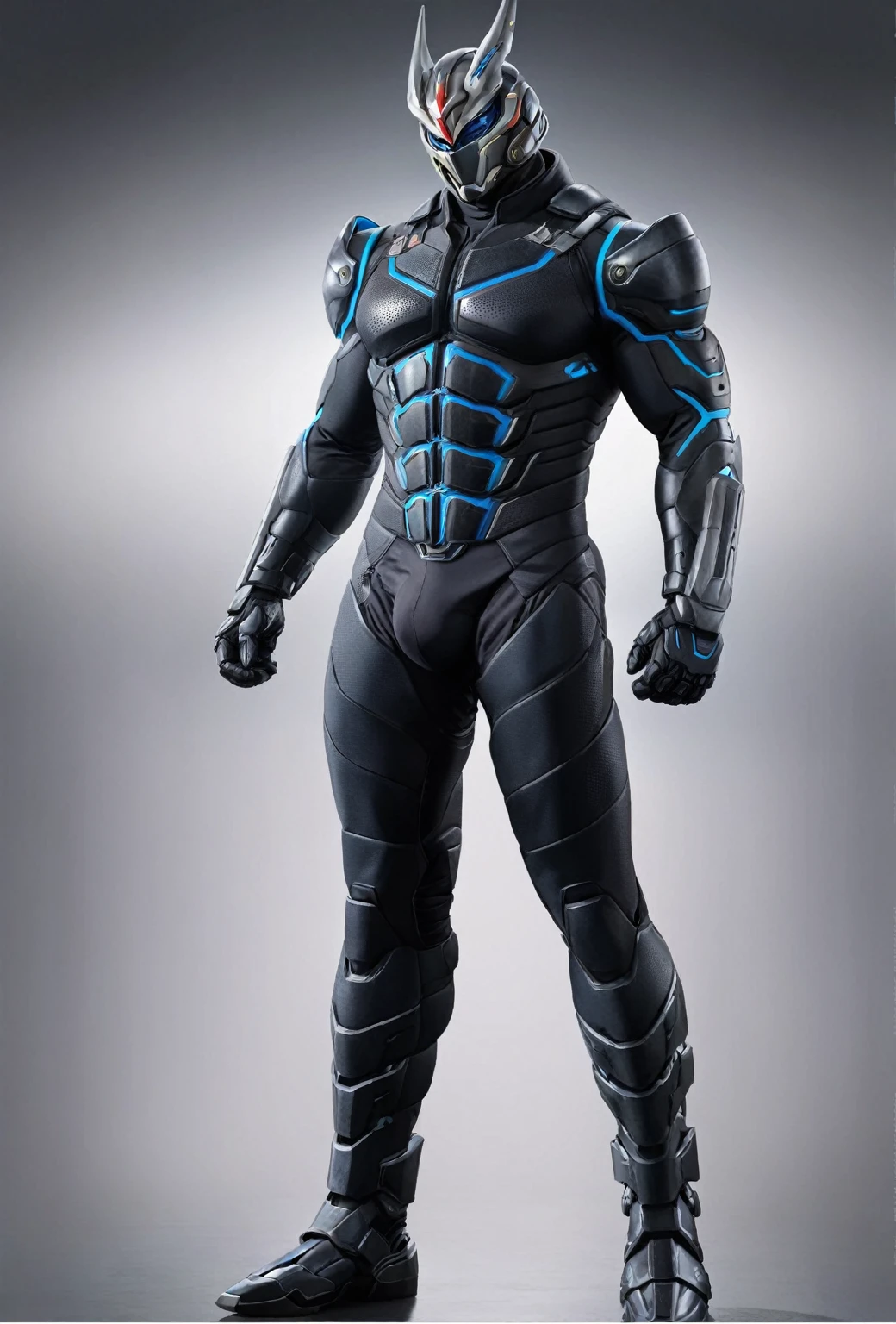 Portrait of a man in his fifties with a horned head and blue eyes, Muscular!! sf, sfアーマー! Muscular, Full body X-Force outfit, Guyver Dark Hero, Kamen Rider Characters, Guyver Style, HEV Suit, Streamlined matte black armor, Crysis Nanosuit, Cyber Suit, Muscular character, Stealth Suit, Cyber Japan Armor (Ultra-high resolution, masterpiece, Accurate, Anatomically correct, Highest quality, 8K),