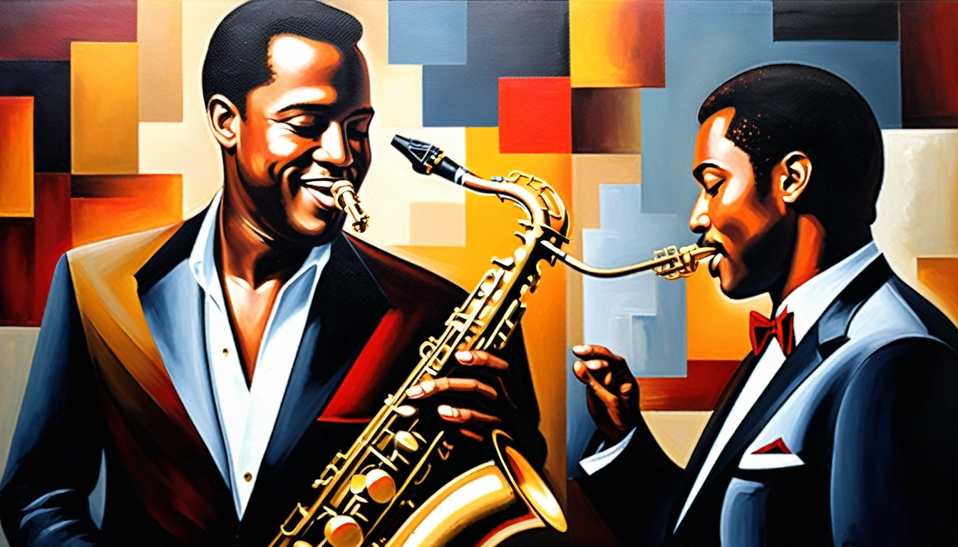 masterpiece, Highest quality, Oil painting, jazz, Tenor saxophone