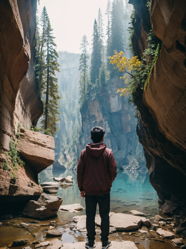 Canyon Taiju Ruins Pickaxe Explorer Explorer maroon hoodie jacket, 26 year old young man, black pants, Indian face, Short Hair, in the Absurd Big Lake Ruins Big Sky Vast Nature