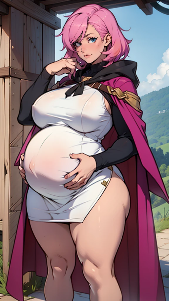 Mulher pregnant com vestido rosa pink gigante, high qualiy, awardwinning, high resolution, 8K , standing alone, 1woman, from the front, mellow, milf, pink cut hair, blue colored eyes, long cloak decotado , tall woman, 29-years-old, milf, cuvilinear body, massive huge tits, huge ass , big-ass, pregnant, voluminous pink hair, long cloak, hinterland, dress covers the legs, seducing gaze, seen from the front, exhibition