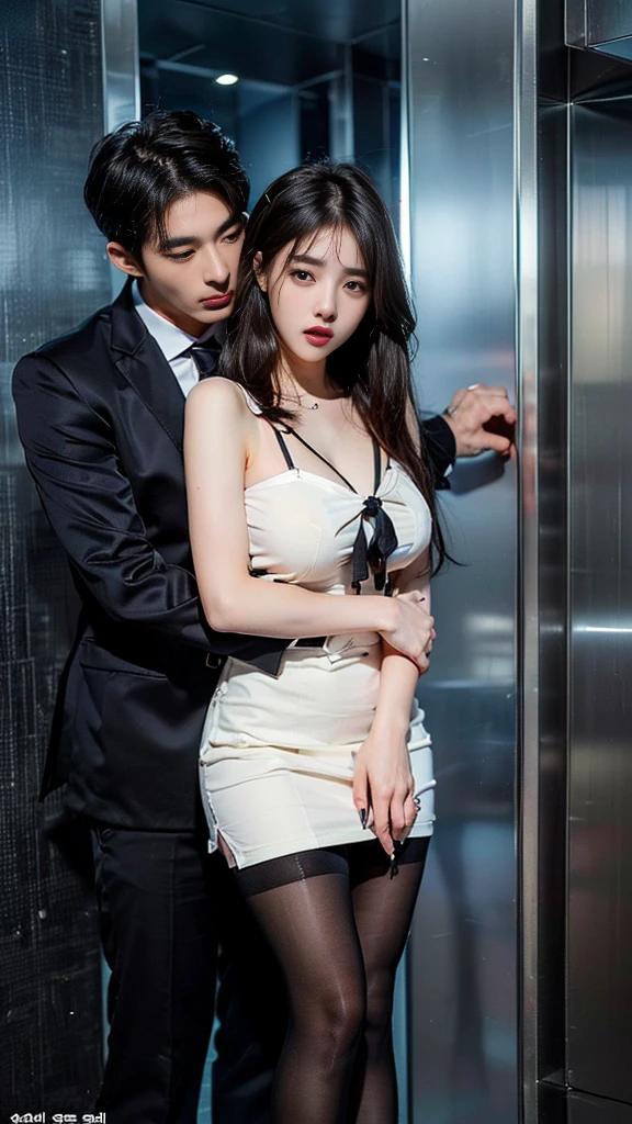 (((SFW : 1.2))), (((pornography))), (realistic), (intricate details:1.2), (masterpiece、:1.3), (top quality:1.4), (Ultra A high resolution:1.2), Ultra A high resolution, 8K resolution, very detailed expression, dark, (high quality), complete anatomy, natural anatomy, full body photo, (1 Girl being caress by 2 men at night : 1.6), she is 21 years old, (call girl:1.5), (prostitute: 1.5), (she is korean:1.6), (beautiful : 1.4), (banging bob cut hair), (big earrings), heavy makeup, Confusing look, long legs, (a girl weared slim blouse and mini skirt and pantyhose. : 1.4), (office costume : 1.4), (a girl weared strappy high heels :1.4), (2 men being weared business suit : 1.3), (2 men are the company's owner : 1.4), glowing skin,(eye contact each other :1.4), (the men tie up her arms behind back:1.4), (((orgasm : 1.4))), (((moaning : 1.2))),(She being caught and sexually harassed by 2 men : 1.5), (she be forcibly raped by 2 men : 1.5), violated by them, She can not resist holding her arms grabbed by men., his dicks are being inserted into her pussy and anal., a man tighten her panty, a man tears off her pantyhose to explore her pussy, grabed ass, (The men grabbed her thighs.), caress, fondle, (coner of elevator of the building : 1.6), (detailed background:1.2),(She has fun with several Korean men : 1.4),