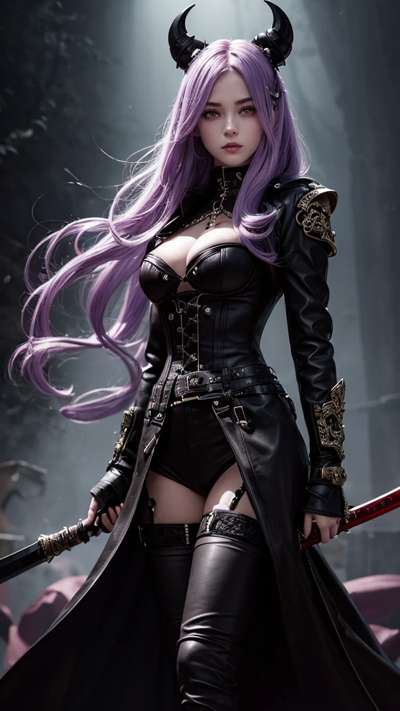Illustrating Marionne, the demon huntress, She has long wavy lilac violet hair and gray eyesclad in a form-fitting black leather outfit, comprising a wine leather trench coat, a snug red corset embellished with belts and chains, coordinated pants, long leather boots for added defense and a gothic flair, wielding a large sword with a skull-adorned guard and a realistically styled hilt, against a dark backdrop to enhance the mysterious aura, Illustration, digital art with intricate textures, --ar 16:9 --v 5 in