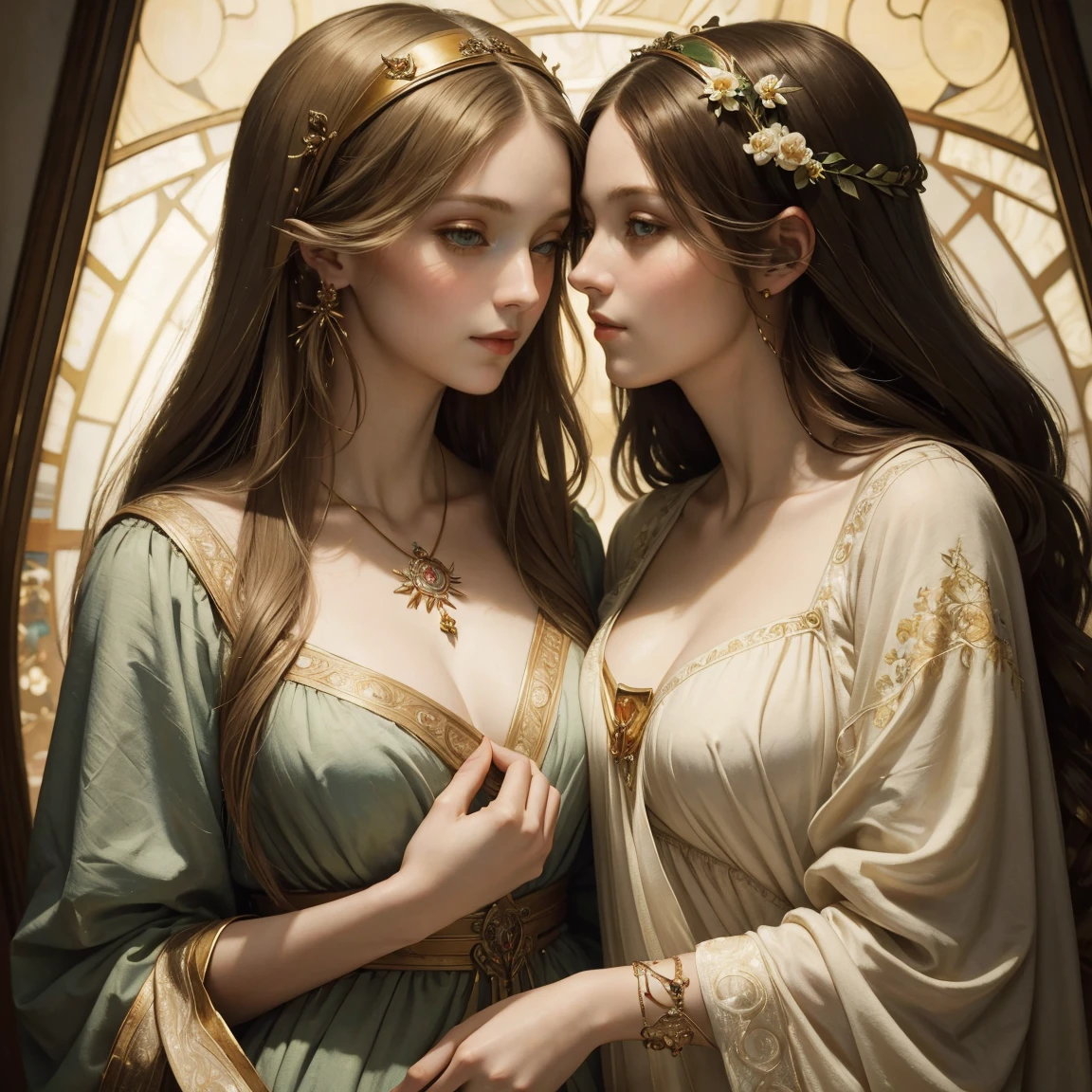 (masterpiece, best quality:1.5), oil painting by Leonardo da Vinci and Alfons Maria Mucha, (perfect anatomy:1.2), two gorgeous and stunning pale-skinned young pregnant goddesses is deeply in love with each other, kiss, fantastic make-up, jewelry, flower, aurora, mystical ambiance