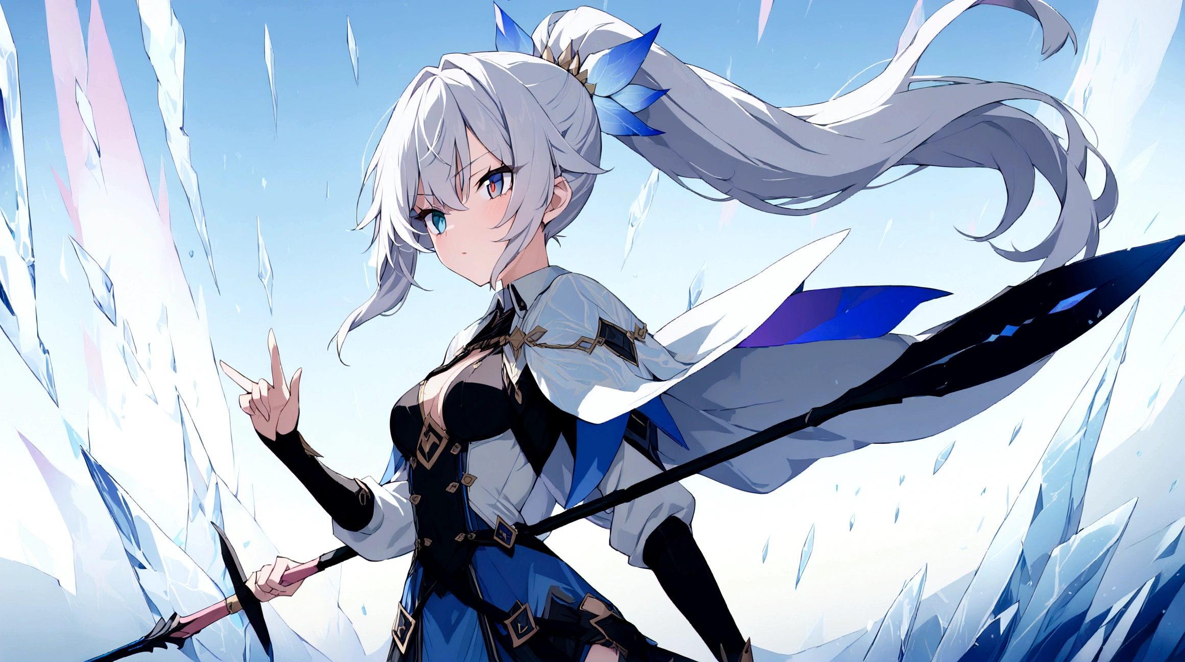 (1girl, Masterpiece, best quality) (detailed and beautiful eyes:1.6) (perfect hands, perfect anatomy) (full body)) Fierce warrior girl with long white hair in a high ponytail and striking red eyes. She wears sleek, modern armor in blue and black with gold and silver details, and a white, high-collared cape with blue and gold accents. She holds a long spear in her right hand and points forward with her left hand. The background should be an icy landscape with crystalline formations and a cold, blue sky, reflecting light off the ice for a mystical atmosphere. Capture her determined and focused expression, conveying a sense of readiness and strength.