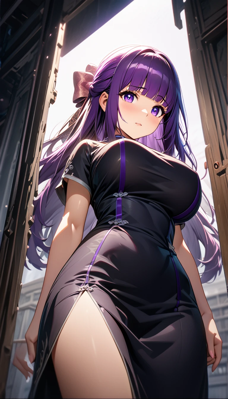 Cheongsam Girl，Half Up,Purple Hair,Purple eyes,Long Hair，Blunt bangs,cowboy shot,Pure white background，Big Breasts,Depth of written boundary，Low angle view，Calf Level View，Overclocked Renderer，Cinema Lighting，Ultra-fine，Very detailed，complicated，Cinematic Perspective，CG Art，Looking at me,