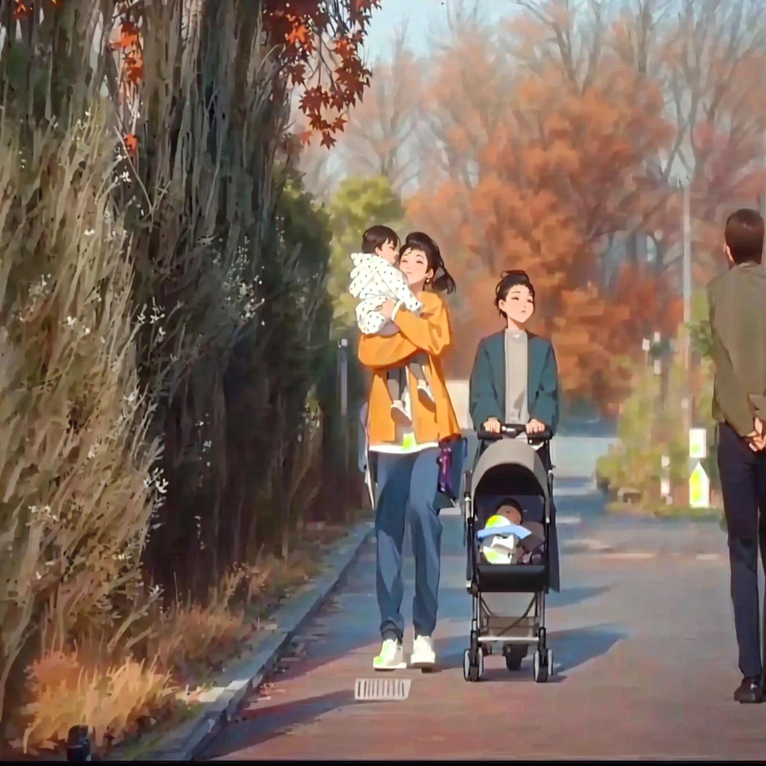 Someone walks down the street with a baby in a stroller., 🍁 cute, Highlight scenes of the movie, Scenes from live-action movies, Sangyeop Park, Movie screen capture, Realistic footage, Screenshot from the movie, The most beautiful scene, shrewd, clan, cute scene, Still from the live action movie., trailer, Be a romantic leader, arrest