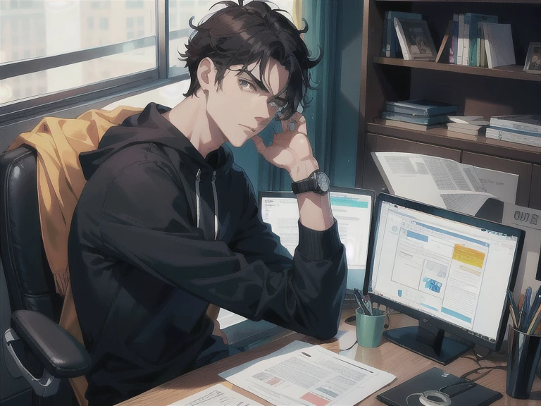 high resolution, highest quallity, illustration, super verbose, (face detailed), (detailedeyes) a handsome young man, wearing a black casual sweatshirt, sitting at his desk, looking tired, looking at the watch in his hand, computer screen visible from behind