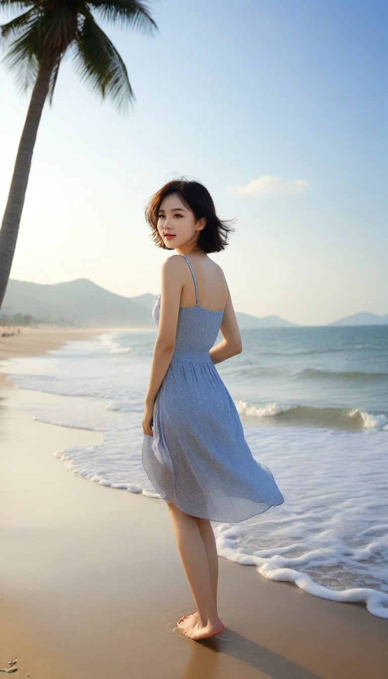 beautiful korean girl, Chest size 34 inches, Wear sleeveless, light skirt, Looking at the sea from the beach at sunset. beautiful pretty woman look , wearing a light skirt , Go far into the sea water and dip your toes., wet, dark blue sky, bright sun light at midday, Short medium hair blowing in the wind, 1 woman, beautiful eyes, a little smile, Beach with waves in Da Nang, Vietnam, I see palm trees, Photo taken from a distance with a wide-angle lens, best high definition, perfect sea view,