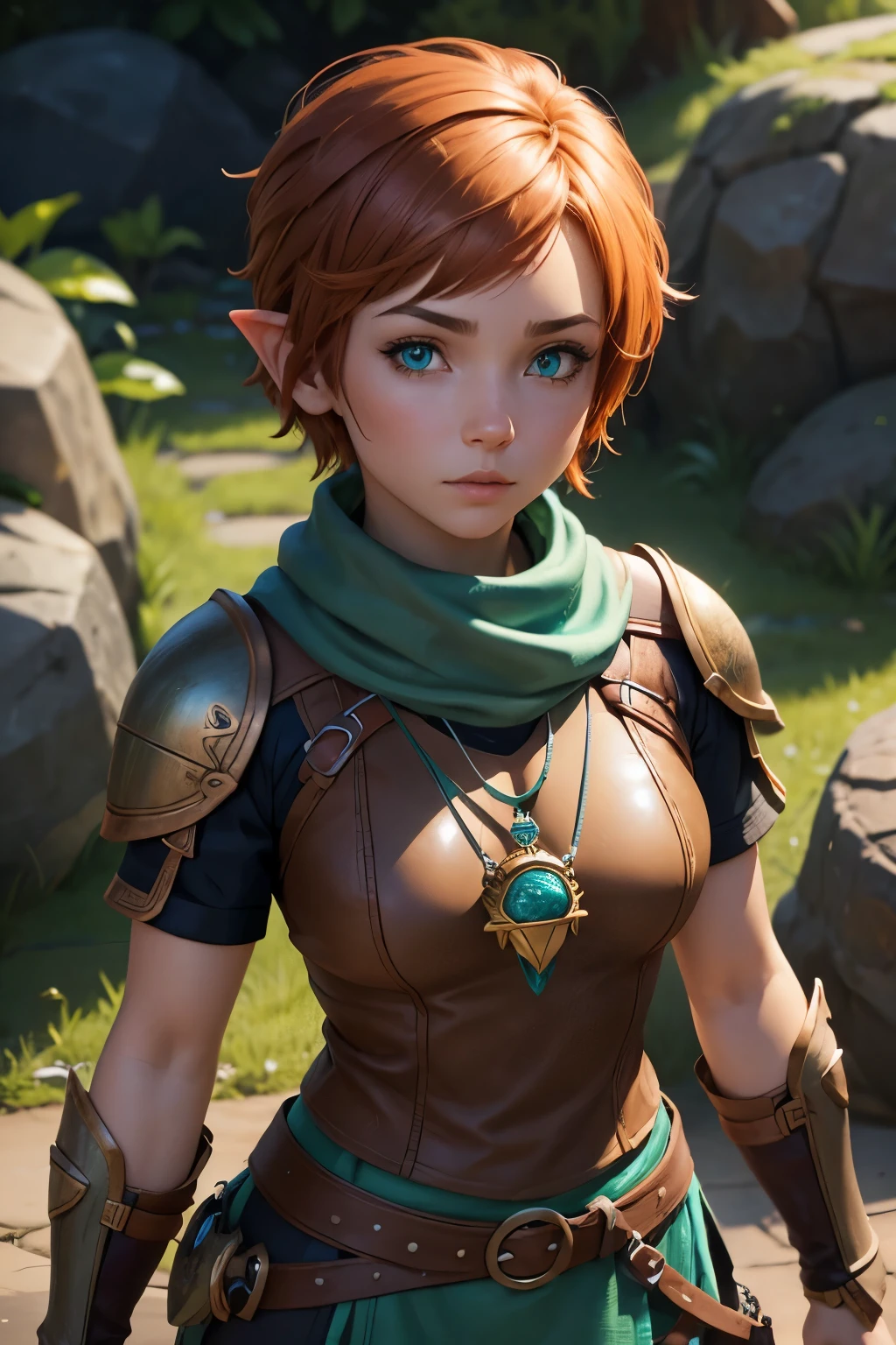  A female gnome, with short copper hair, with clear aqua green eyes, slightly brown skin, with a turtle pendant hanging around his neck and wearing leather armor.