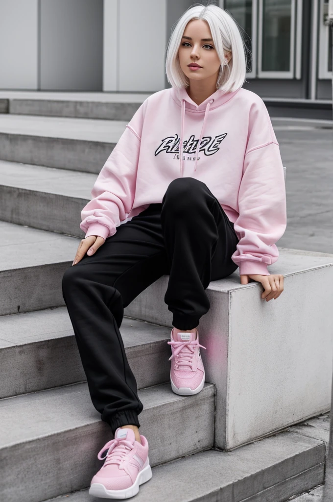 White hair,White skin, pink sweatshirt, black flared pants and black shoes,Female gender