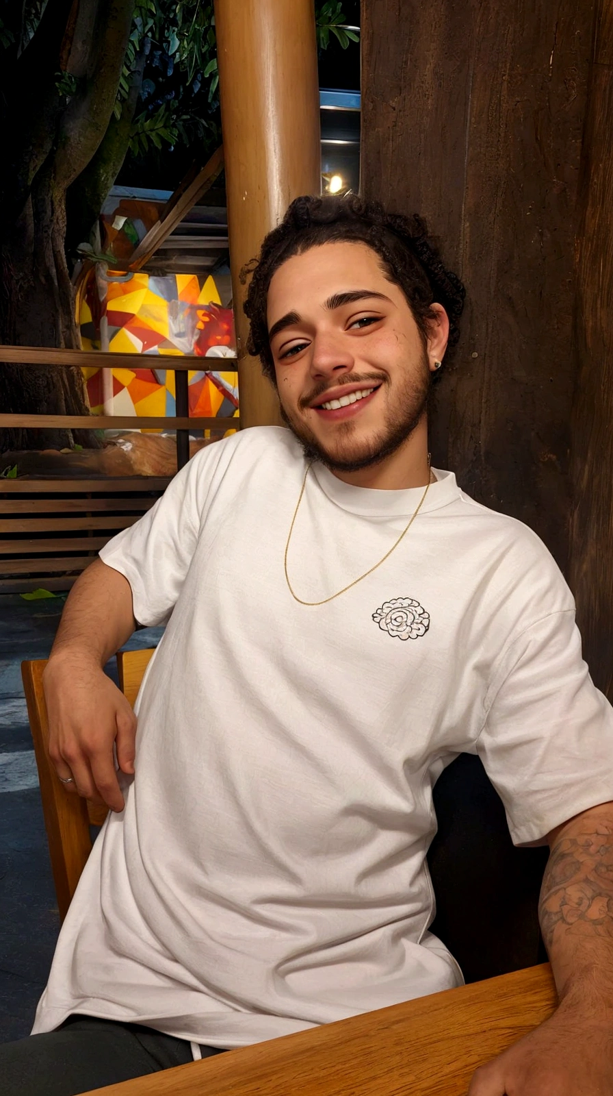 there is a man sitting at a table with a donut in his hand, curls on top of the head, high-quality portrait, caio santos, mid shot portrait, wearing a laughing shirt, post malone, using shipibo tattoos, pete davidson, portrait of Danny González, Portrait of crazy Post Malone, Andreia Rocha, profile picture with headshot, cool teddy bear