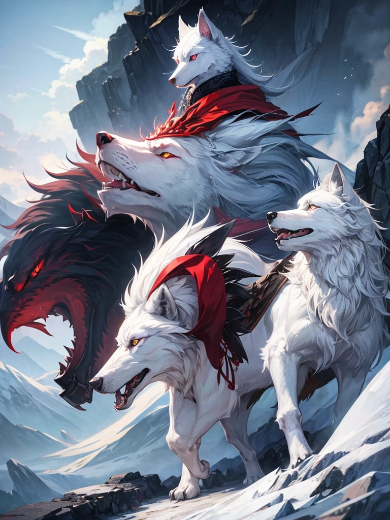 The howl of a white wolf、Red eyes、anger、Mountain top、Lock