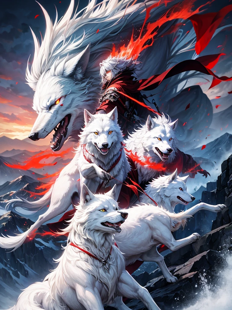 The howl of a white wolf、Red eyes、anger、Mountain top、Lock