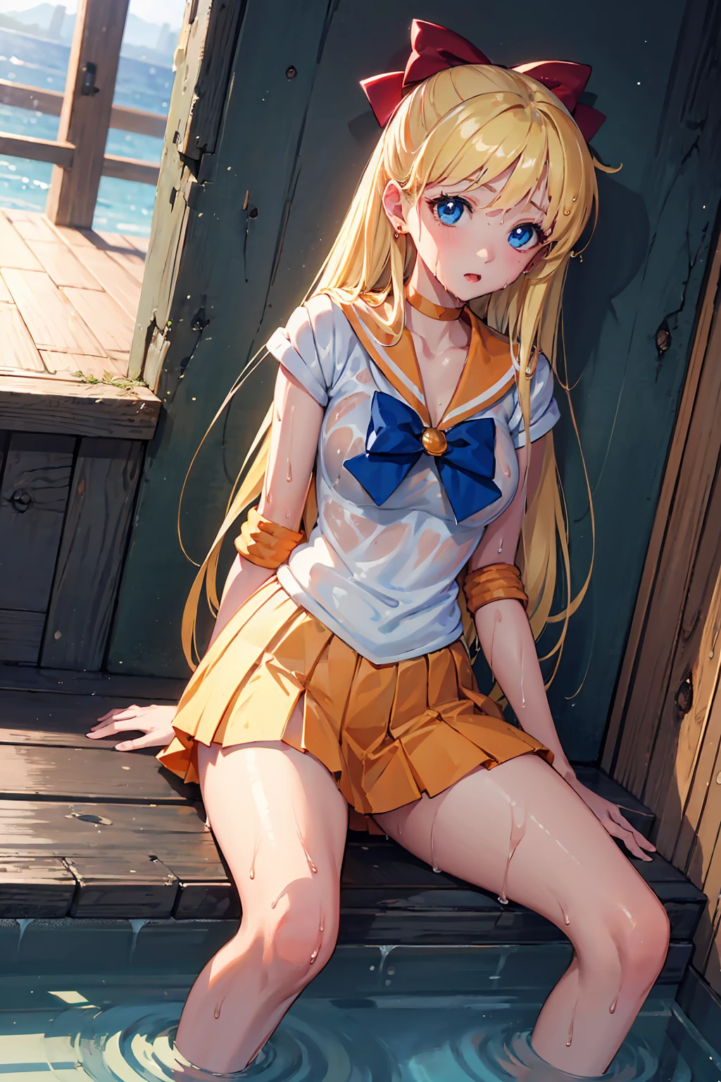 masterpiece, Highest quality, High resolution, Venus 1,(((Wet))) 1 Girl, alone, Sailor Warrior Uniforms, Sailor Venus, Minako Aino, Blonde, Magical girl, blue eyes, Orange Skirt, Elbow Bag, tiara, Pleated skirt, Hair Ribbon, Orange Sailor Collar, mini skirt, choker, Red Bow, オレンジchoker, White gloves, Very long hair, jewelry, Earrings, Please sit down
