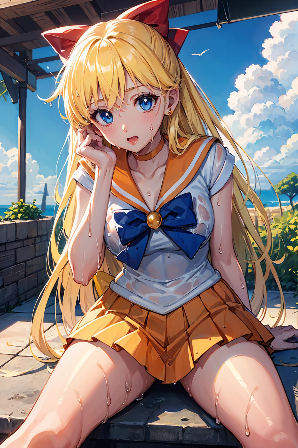 masterpiece, Highest quality, High resolution, Venus 1,(((Wet))) 1 Girl, alone, Sailor Warrior Uniforms, Sailor Venus, Minako Aino, Blonde, Magical girl, blue eyes, Orange Skirt, Elbow Bag, tiara, Pleated skirt, Hair Ribbon, Orange Sailor Collar, mini skirt, choker, Red Bow, オレンジchoker, White gloves, Very long hair, jewelry, Earrings, Please sit down